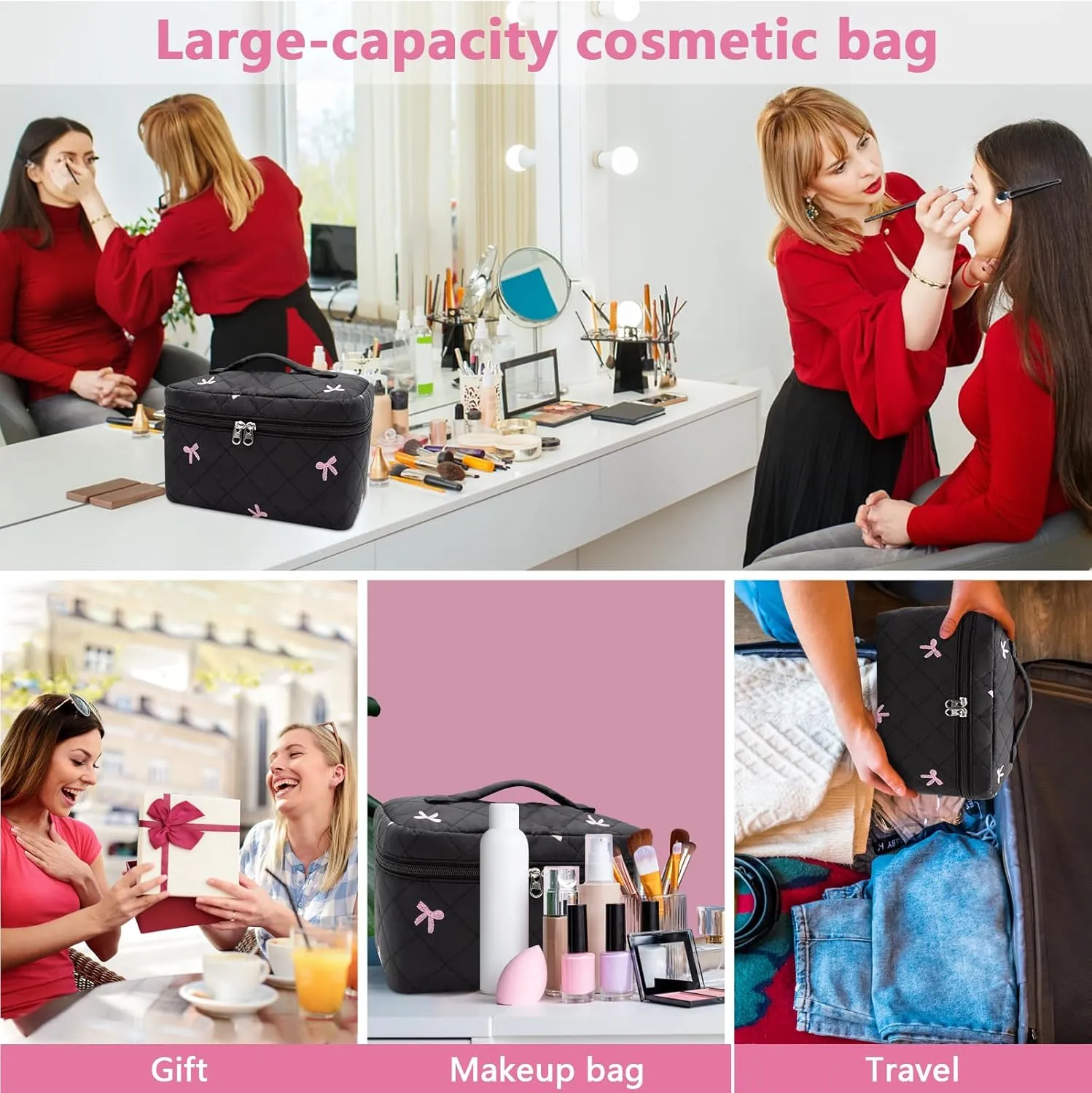 1pc Large Makeup Bag, Cute Cosmetic Bag for Women Girls, Floral Coquette Aesthetic Toiletry Bag, Travel Make Up Organizer Bag (Black Butterfly Print)