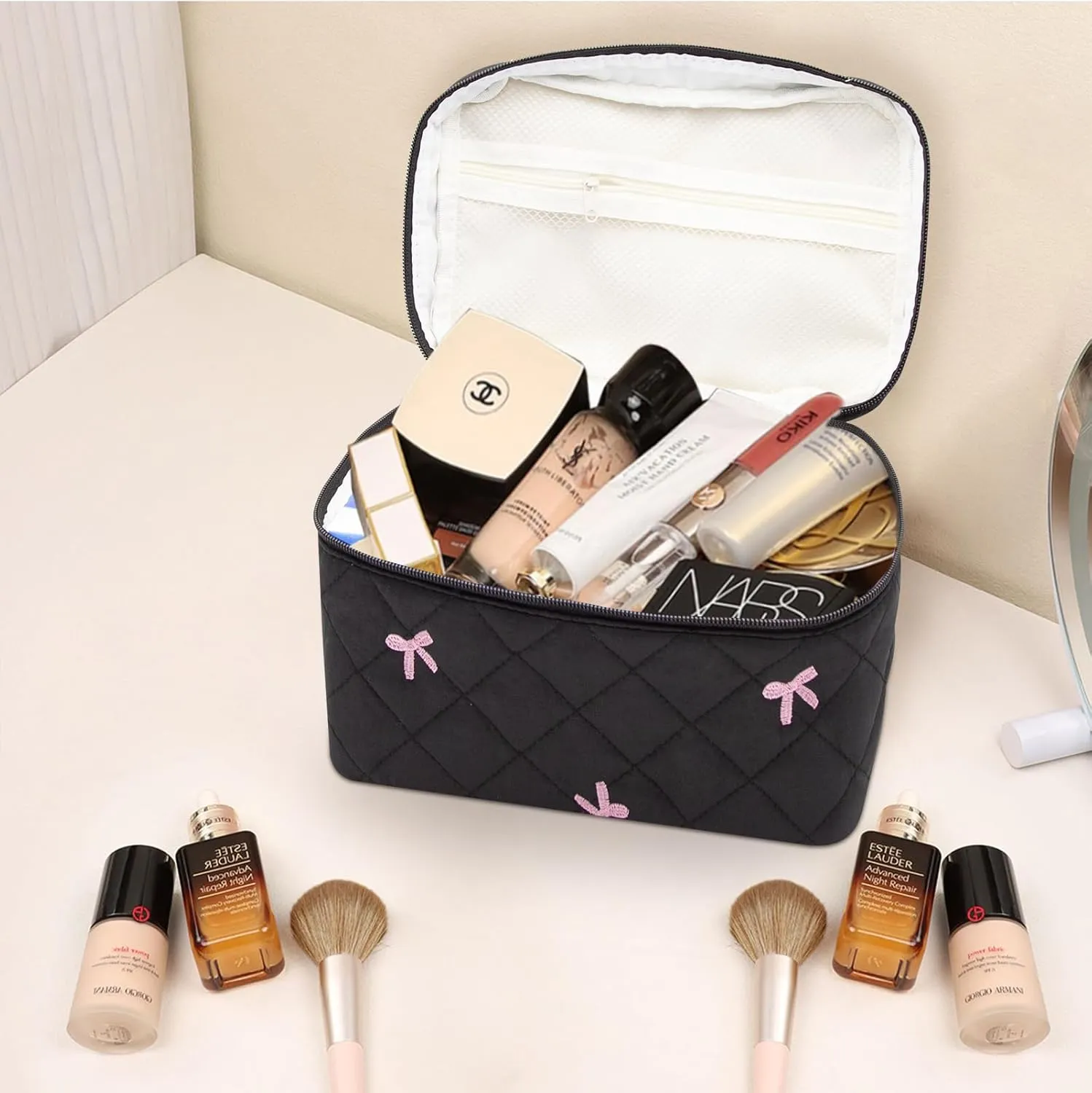 1pc Large Makeup Bag, Cute Cosmetic Bag for Women Girls, Floral Coquette Aesthetic Toiletry Bag, Travel Make Up Organizer Bag (Black Butterfly Print)