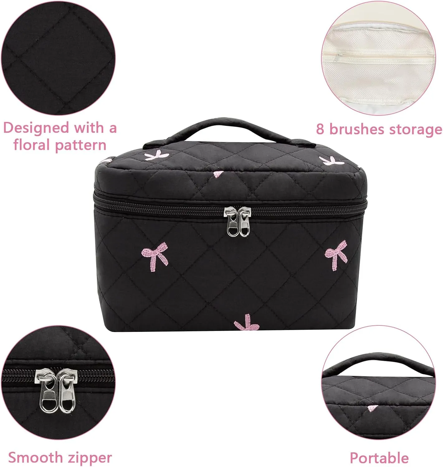 1pc Large Makeup Bag, Cute Cosmetic Bag for Women Girls, Floral Coquette Aesthetic Toiletry Bag, Travel Make Up Organizer Bag (Black Butterfly Print)