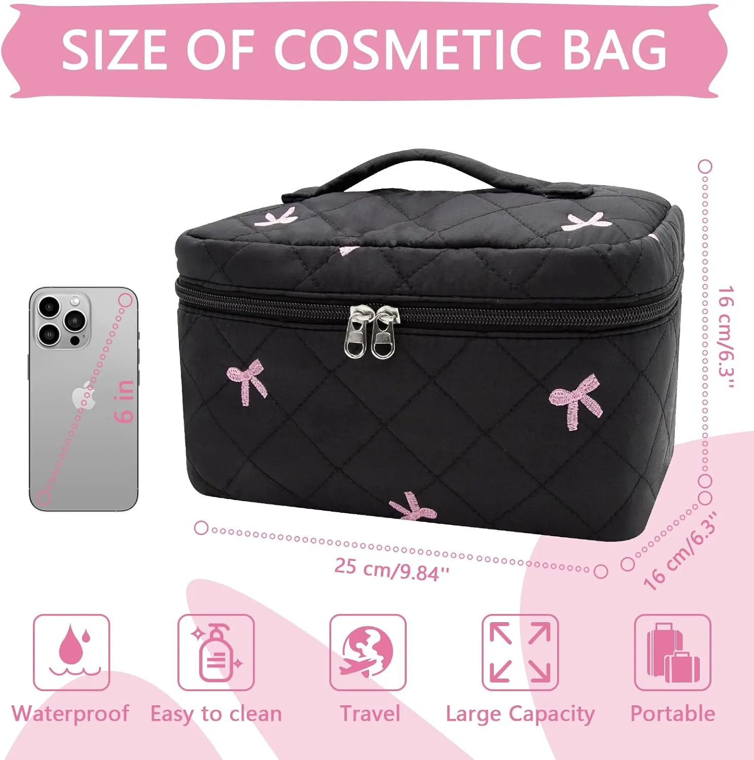1pc Large Makeup Bag, Cute Cosmetic Bag for Women Girls, Floral Coquette Aesthetic Toiletry Bag, Travel Make Up Organizer Bag (Black Butterfly Print)