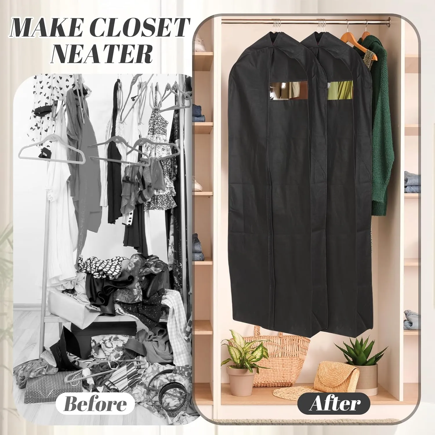 2 Pcs 10" Gusseted Garment Bags for Hanging Clothes Dress Bags for Gowns Long Closet Waterproof Garment Covers Wedding Dress Cover Traveling Clothes Protector(Black,65 Inch)