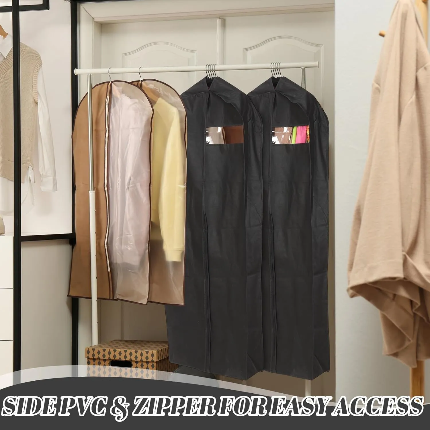 2 Pcs 10" Gusseted Garment Bags for Hanging Clothes Dress Bags for Gowns Long Closet Waterproof Garment Covers Wedding Dress Cover Traveling Clothes Protector(Black,65 Inch)