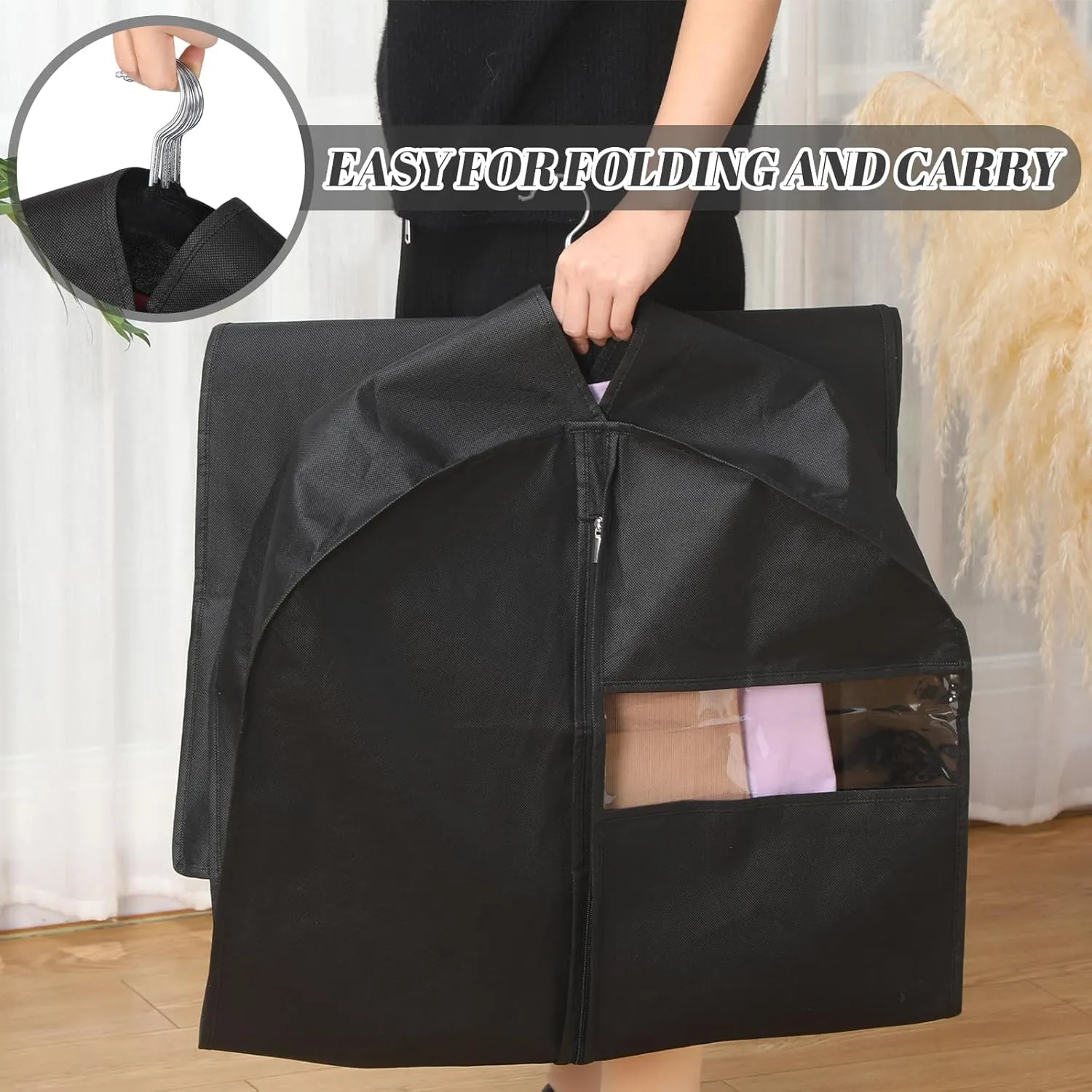 2 Pcs 10" Gusseted Garment Bags for Hanging Clothes Dress Bags for Gowns Long Closet Waterproof Garment Covers Wedding Dress Cover Traveling Clothes Protector(Black,65 Inch)