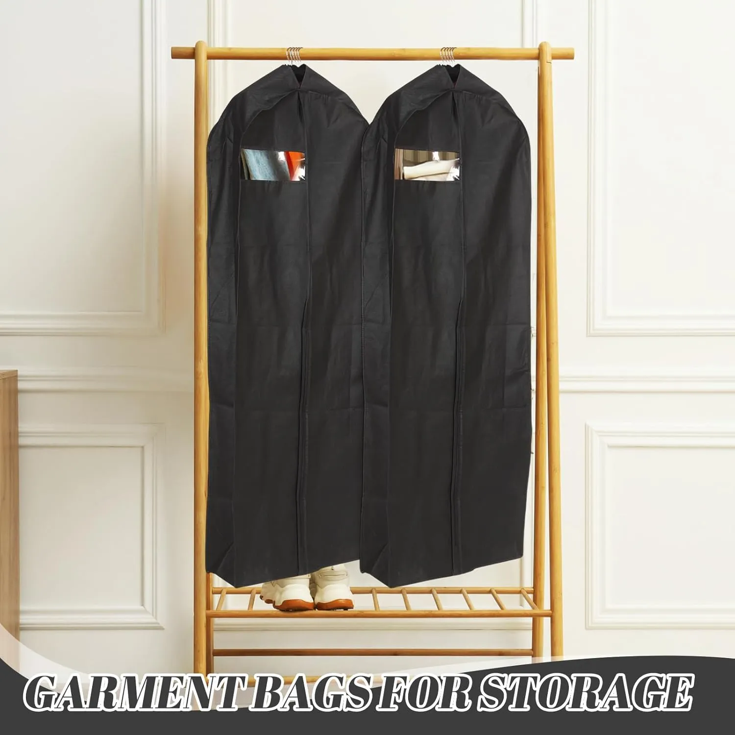 2 Pcs 10" Gusseted Garment Bags for Hanging Clothes Dress Bags for Gowns Long Closet Waterproof Garment Covers Wedding Dress Cover Traveling Clothes Protector(Black,65 Inch)
