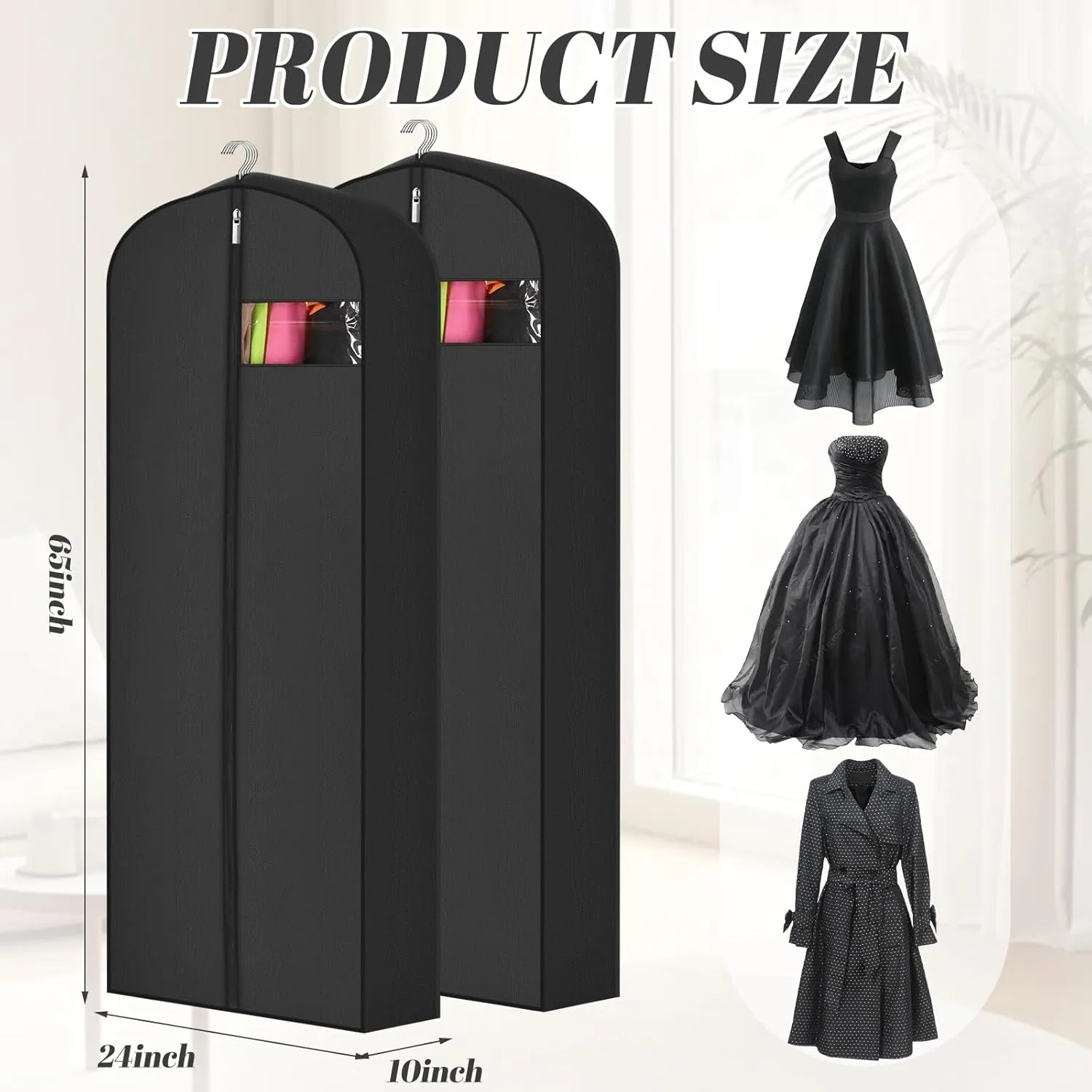 2 Pcs 10" Gusseted Garment Bags for Hanging Clothes Dress Bags for Gowns Long Closet Waterproof Garment Covers Wedding Dress Cover Traveling Clothes Protector(Black,65 Inch)