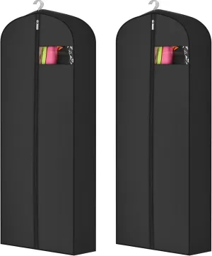 2 Pcs 10" Gusseted Garment Bags for Hanging Clothes Dress Bags for Gowns Long Closet Waterproof Garment Covers Wedding Dress Cover Traveling Clothes Protector(Black,65 Inch)