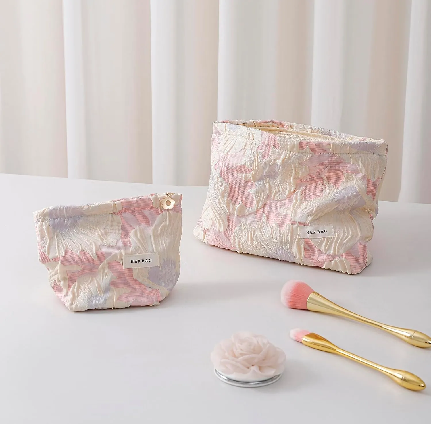 2 Pcs Makeup Bags, Large Cosmetic Bag Travel Toiletry Bag Organizer for Women, Embroidery Craft, Floral Makeup Bag Small Cosmetic Pouch Purse with Zipper Gifts for Girls Teen