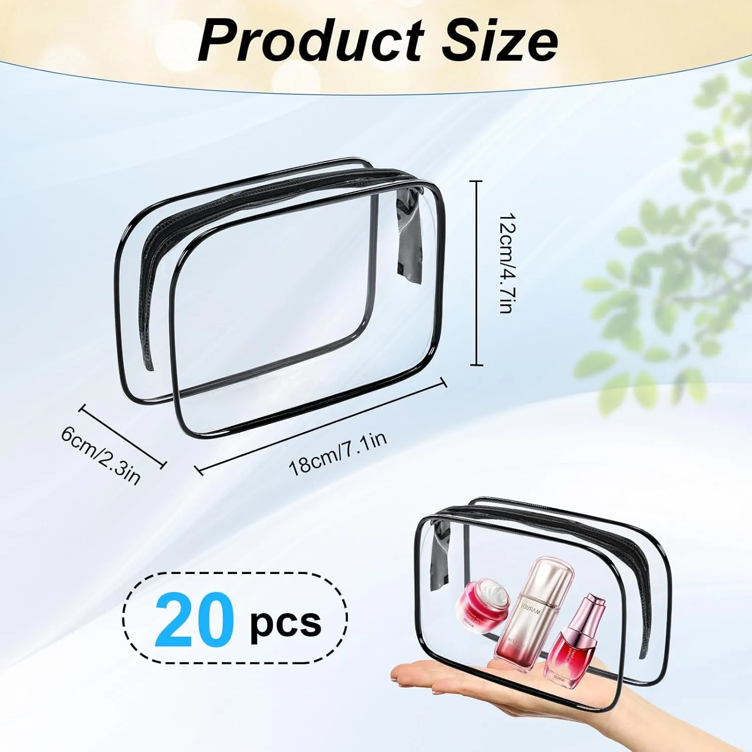 20 Pcs Clear Makeup Bag, PVC Toiletry Bag for Travel, Waterproof Transparent Cosmetic Bag with Zipper, Portable Plastic Pouch Organizer Storage Case for Women Men Vacation Bathroom (Black)