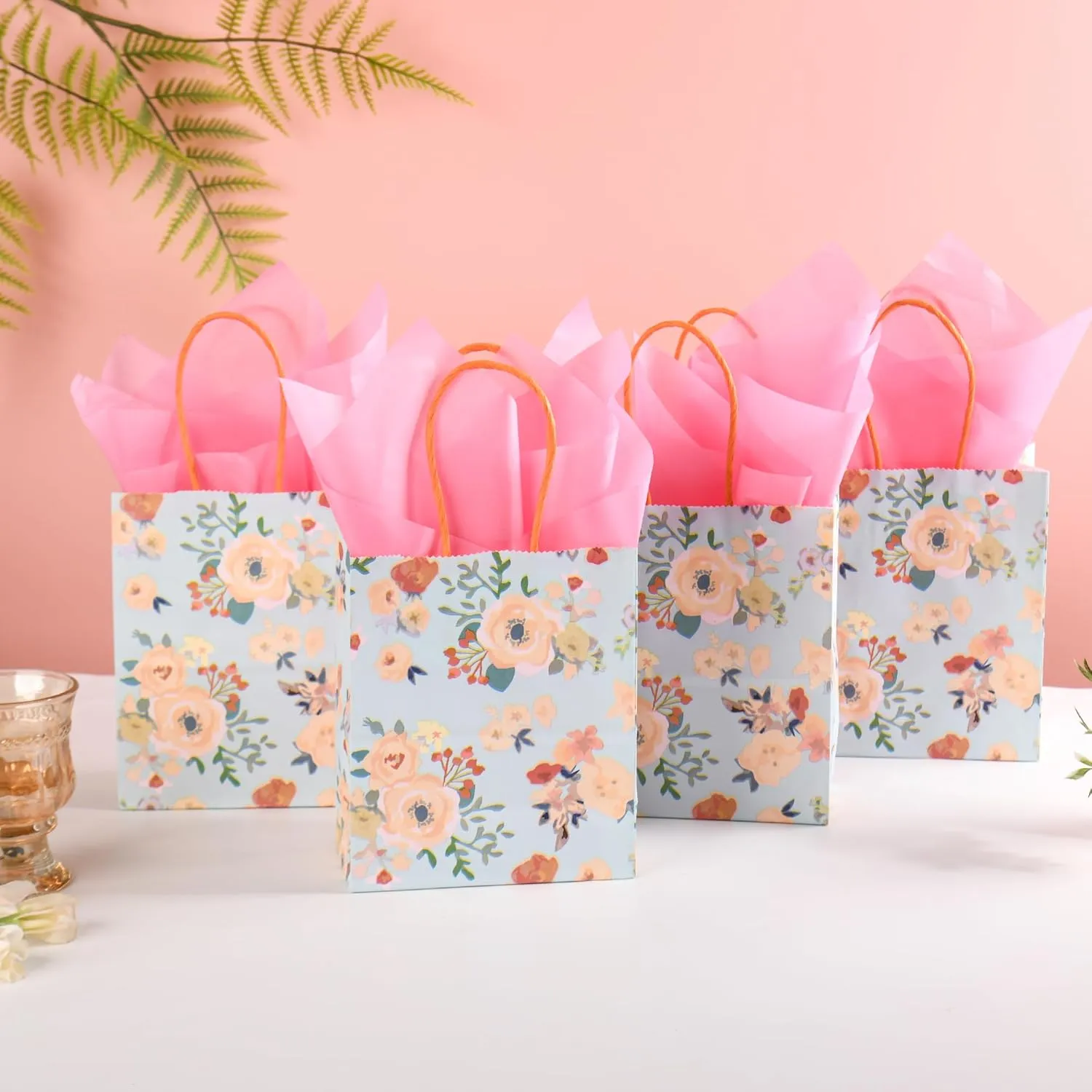 24 Pack Mini Floral Paper Gift Bags Small Green Party Favor Bags with Handles and Pink Tissue Paper for Wedddings, Bridal Baby Showers, Birthdays, Tea Parties 6.5x5.5x3 Inch (Spring Flowers)