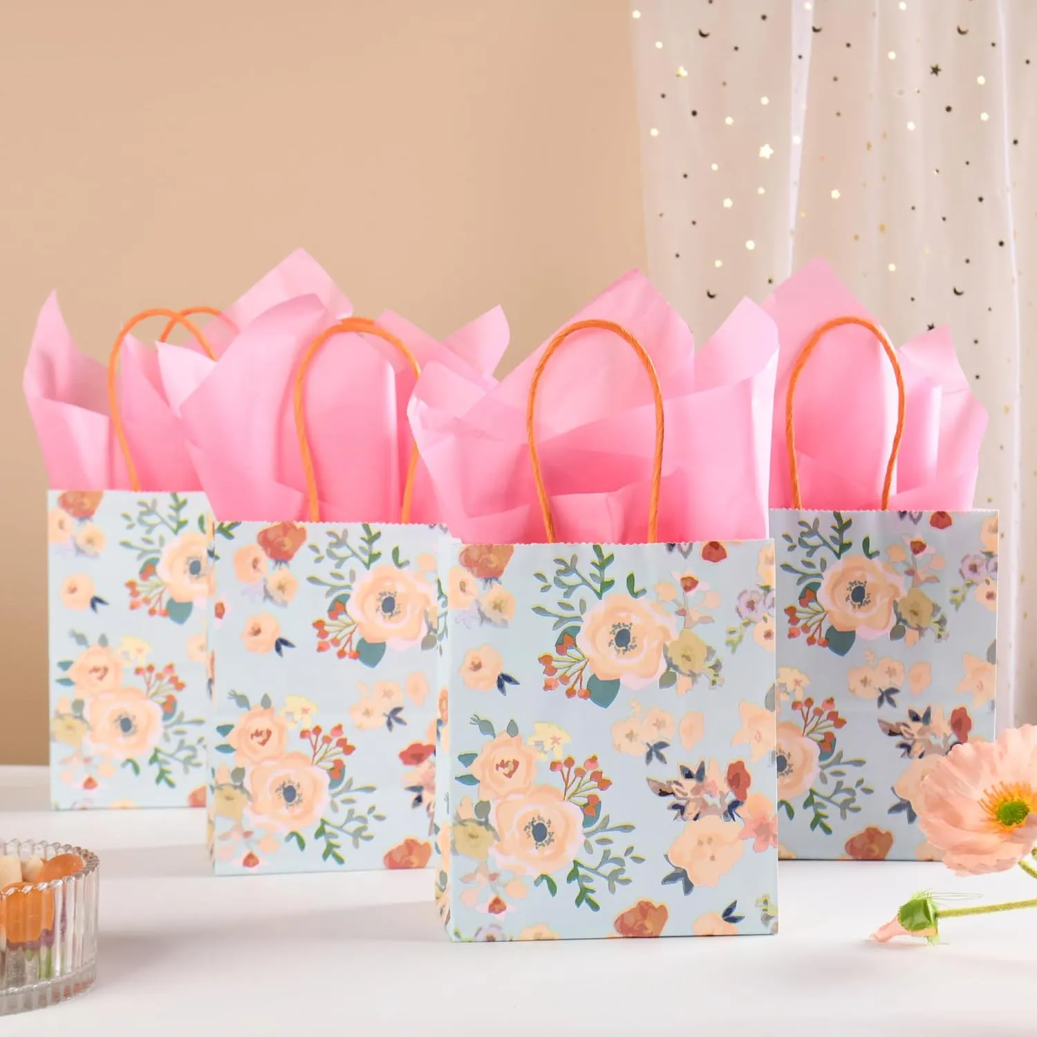 24 Pack Mini Floral Paper Gift Bags Small Green Party Favor Bags with Handles and Pink Tissue Paper for Wedddings, Bridal Baby Showers, Birthdays, Tea Parties 6.5x5.5x3 Inch (Spring Flowers)