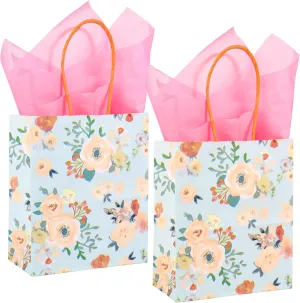 24 Pack Mini Floral Paper Gift Bags Small Green Party Favor Bags with Handles and Pink Tissue Paper for Wedddings, Bridal Baby Showers, Birthdays, Tea Parties 6.5x5.5x3 Inch (Spring Flowers)