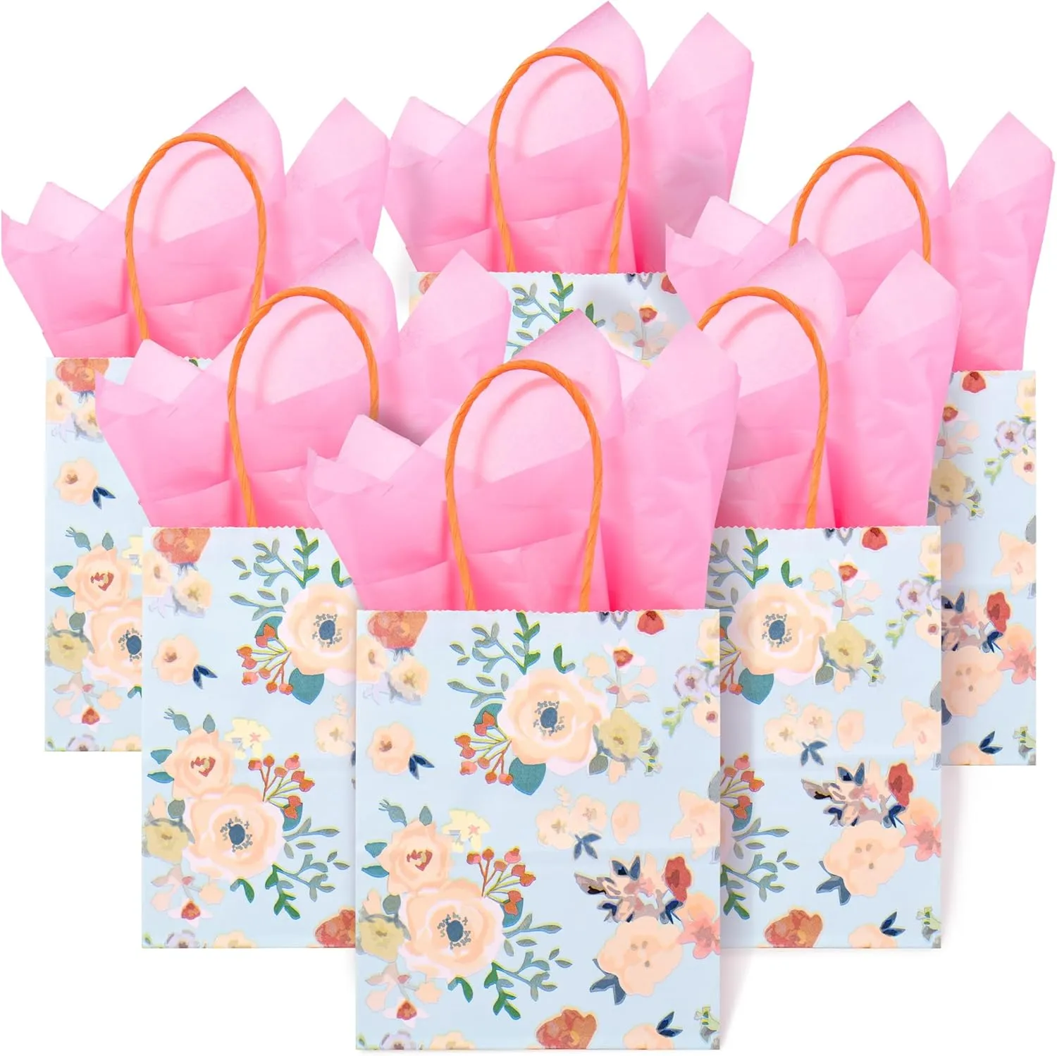 24 Pack Mini Floral Paper Gift Bags Small Green Party Favor Bags with Handles and Pink Tissue Paper for Wedddings, Bridal Baby Showers, Birthdays, Tea Parties 6.5x5.5x3 Inch (Spring Flowers)