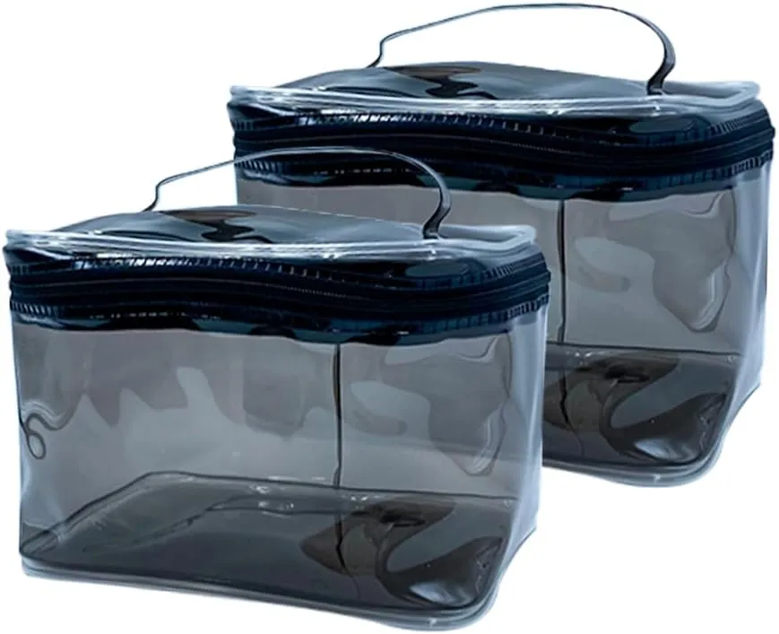 2PCS Clear Handle Zipper Cosmetic Bag and Versatile Travel Pouch,Durable PVC Material,for Makeup Travel Essentials (2 Pcs black)