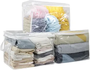 3 Pcs Clear Storage Bags for Book,Clothing, Transparent Organizing Cube Bin with Zipper Handles, Clothes Organizer Bag Closet Organizers and Storage Container for Clothes,Shoes,Toys (Large)