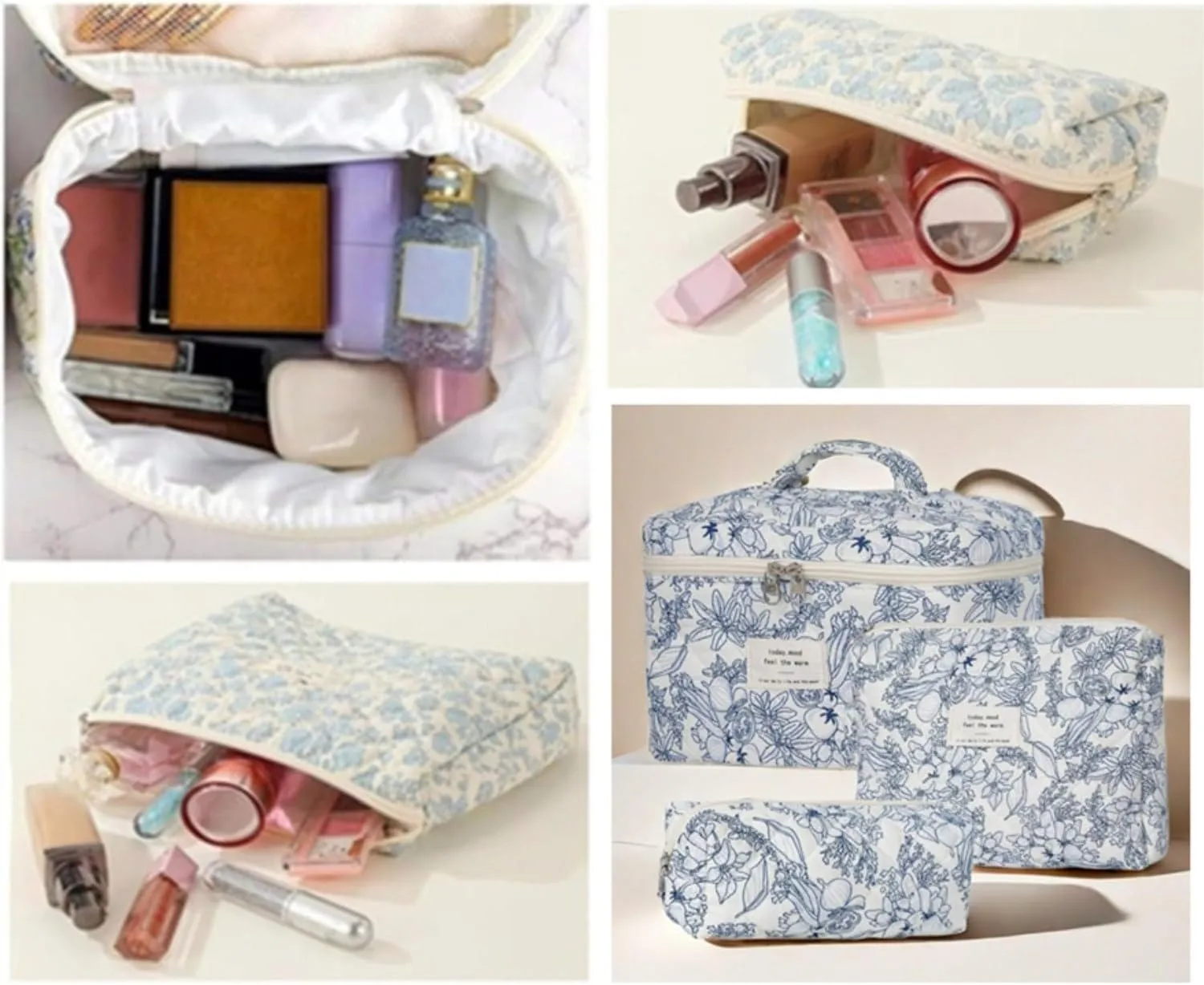 3 Pcs Cotton Quilted Makeup Bag Set - Floral, Cute, Travel, Large Toiletry Cosmetic Organizer for Women Girls (C)