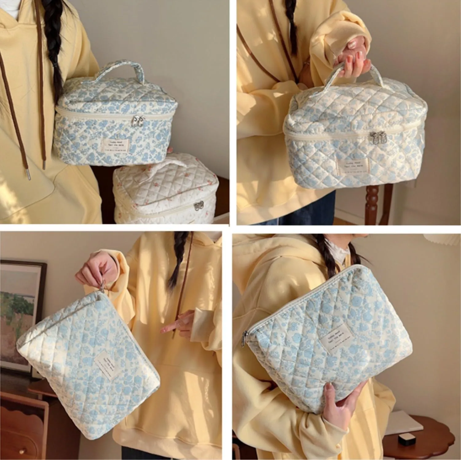 3 Pcs Cotton Quilted Makeup Bag Set - Floral, Cute, Travel, Large Toiletry Cosmetic Organizer for Women Girls (C)