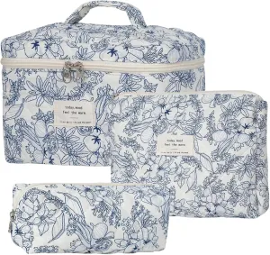 3 Pcs Cotton Quilted Makeup Bag Set - Floral, Cute, Travel, Large Toiletry Cosmetic Organizer for Women Girls (C)