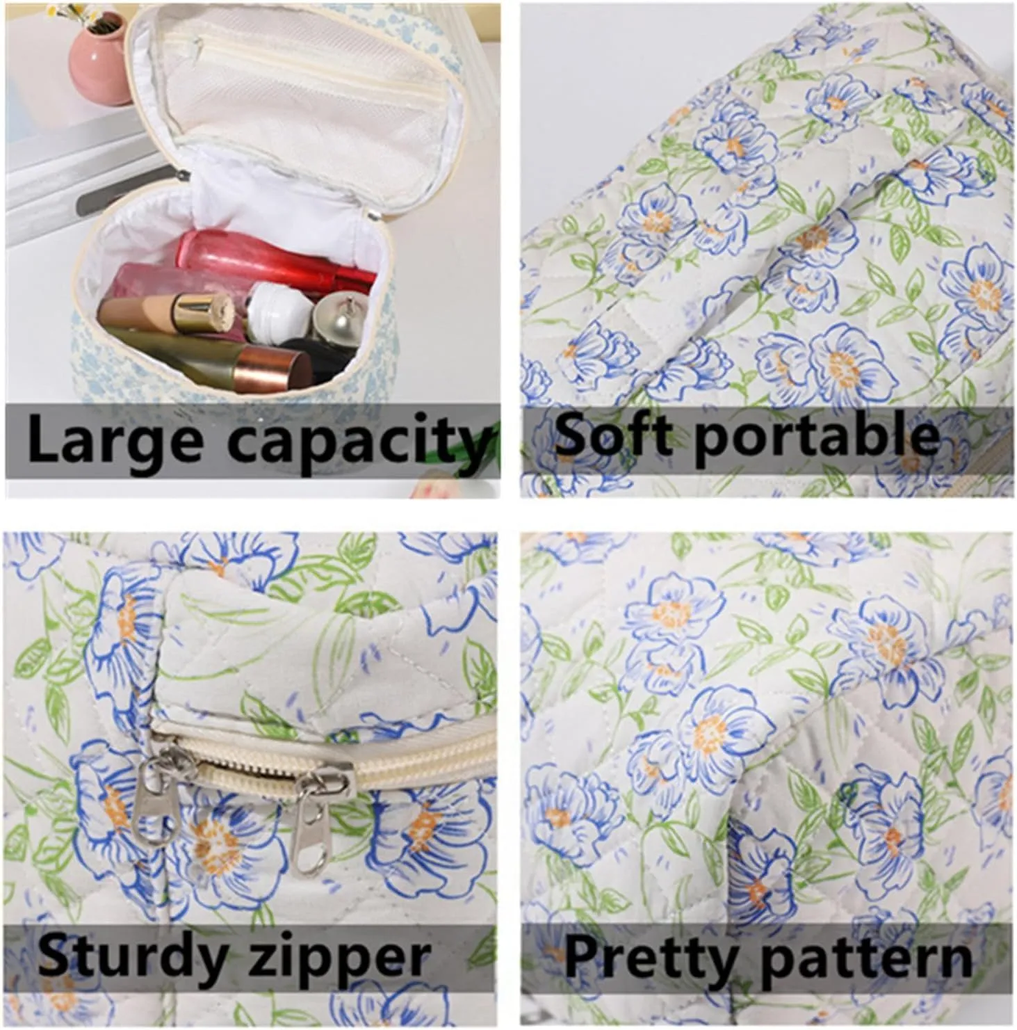3 Pcs Cotton Quilted Makeup Bag Set - Floral, Cute, Travel, Large Toiletry Cosmetic Organizer for Women Girls (C)