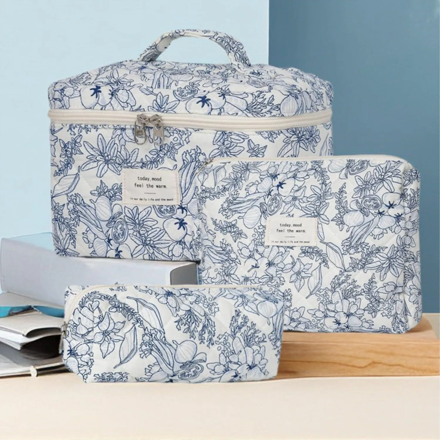 3 Pcs Cotton Quilted Makeup Bag Set - Floral, Cute, Travel, Large Toiletry Cosmetic Organizer for Women Girls (C)