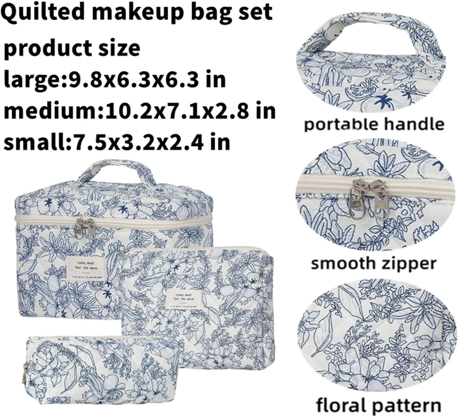 3 Pcs Cotton Quilted Makeup Bag Set - Floral, Cute, Travel, Large Toiletry Cosmetic Organizer for Women Girls (C)