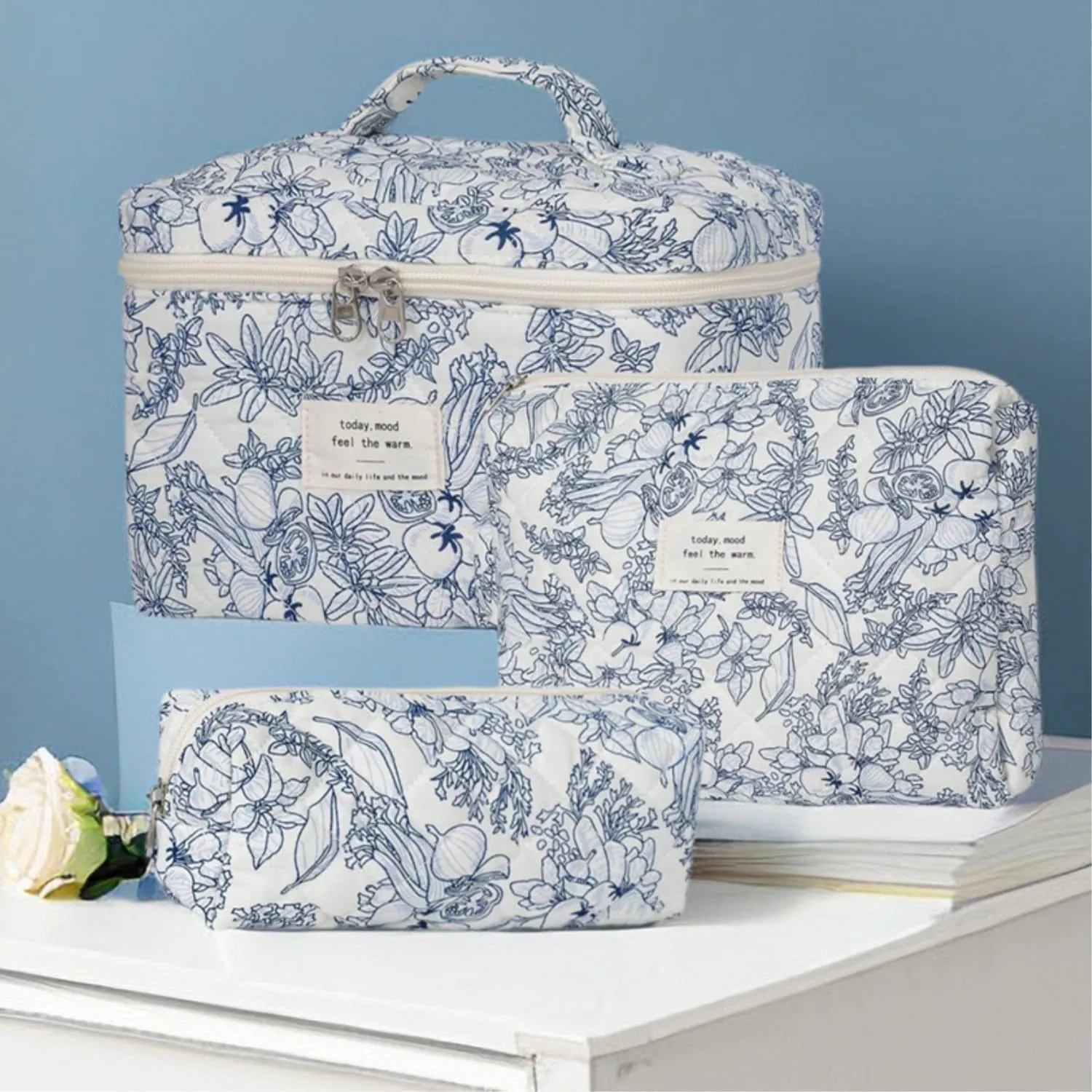 3 Pcs Cotton Quilted Makeup Bag Set - Floral, Cute, Travel, Large Toiletry Cosmetic Organizer for Women Girls (C)