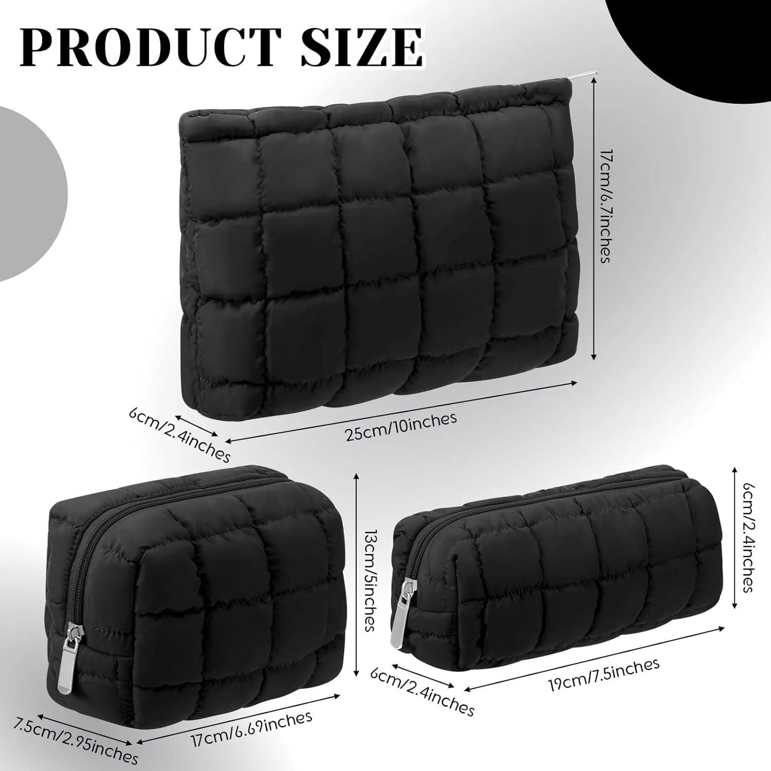 3 Pcs Puffy Makeup Bag Quilted Cosmetic Pouch for Women Cute Checkered Travel Toiletry Bag Puffer Makeup Organizer Purse Pouch Preppy Pencil Case with Zipper