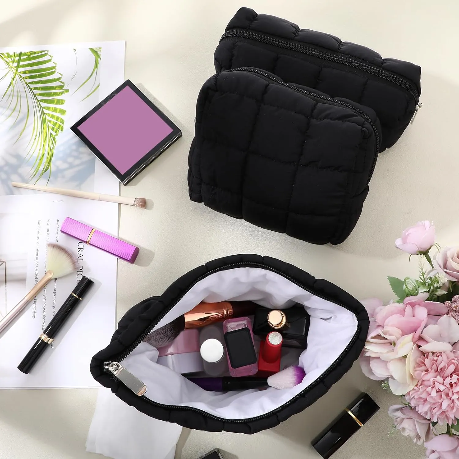 3 Pcs Puffy Makeup Bag Quilted Cosmetic Pouch for Women Cute Checkered Travel Toiletry Bag Puffer Makeup Organizer Purse Pouch Preppy Pencil Case with Zipper