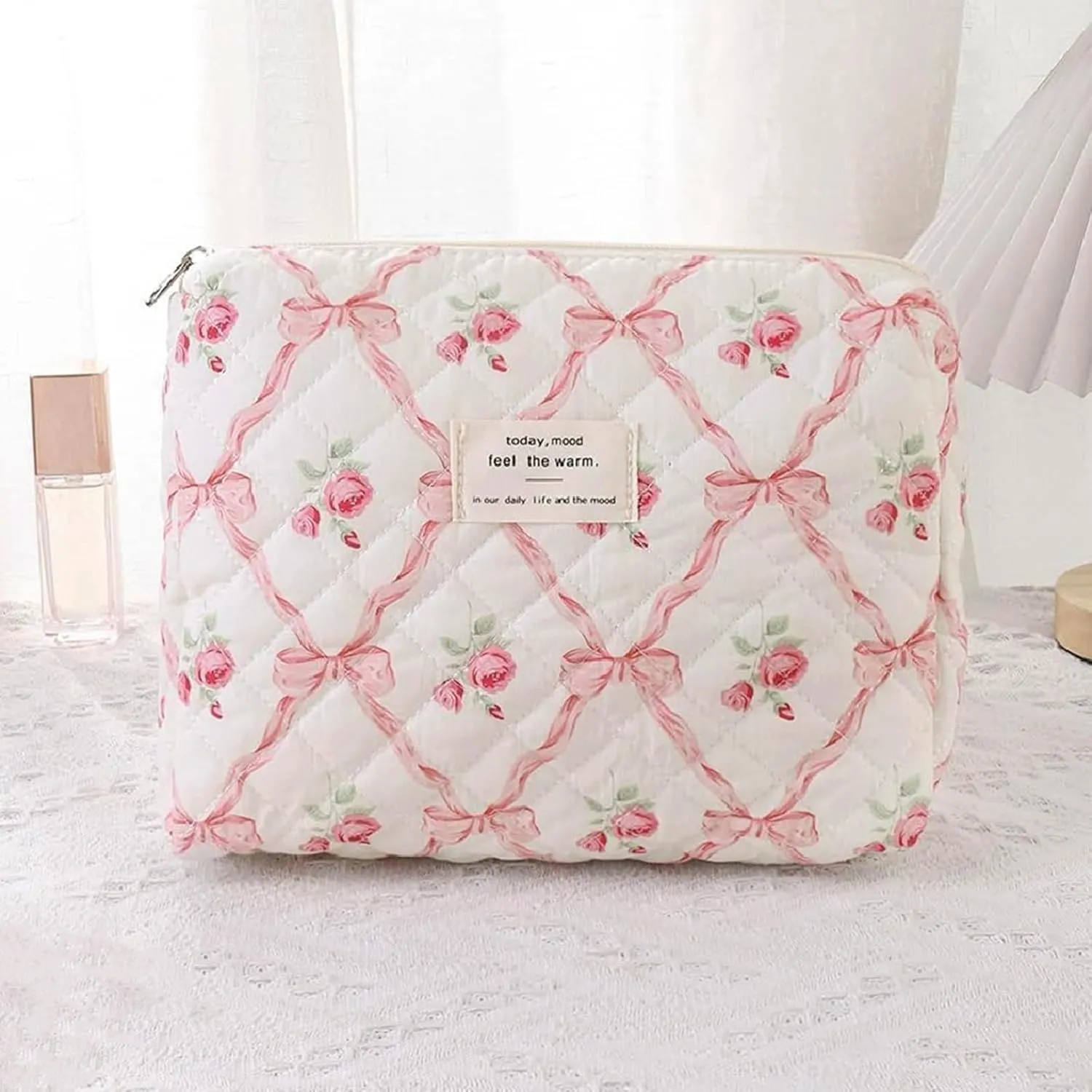 3 Pcs Quilted Bow Coquette Floral Makeup Bag Set, Large Toiletry Cosmetic Organizer for Women Girls (H-3PCS)