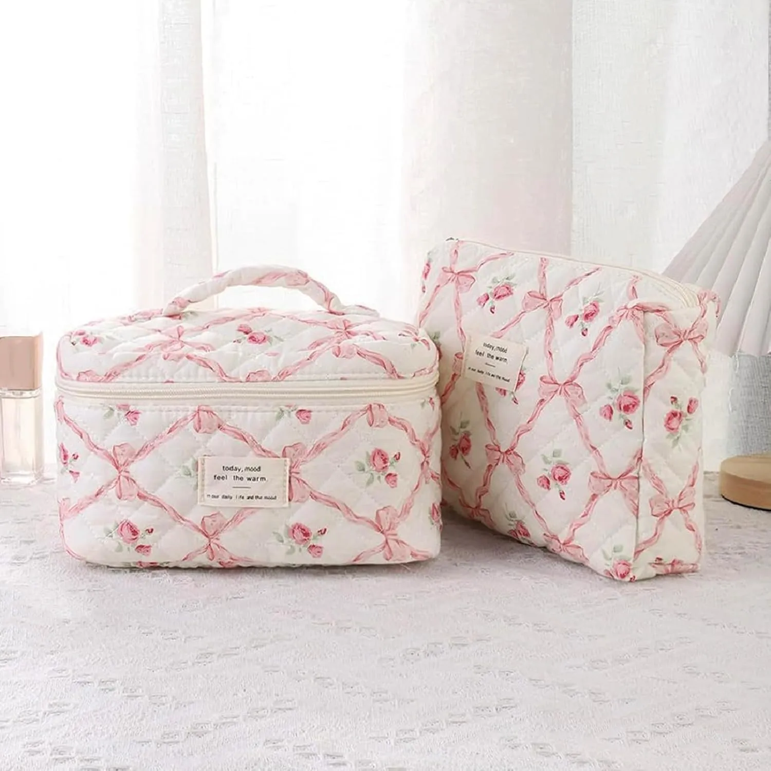 3 Pcs Quilted Bow Coquette Floral Makeup Bag Set, Large Toiletry Cosmetic Organizer for Women Girls (H-3PCS)