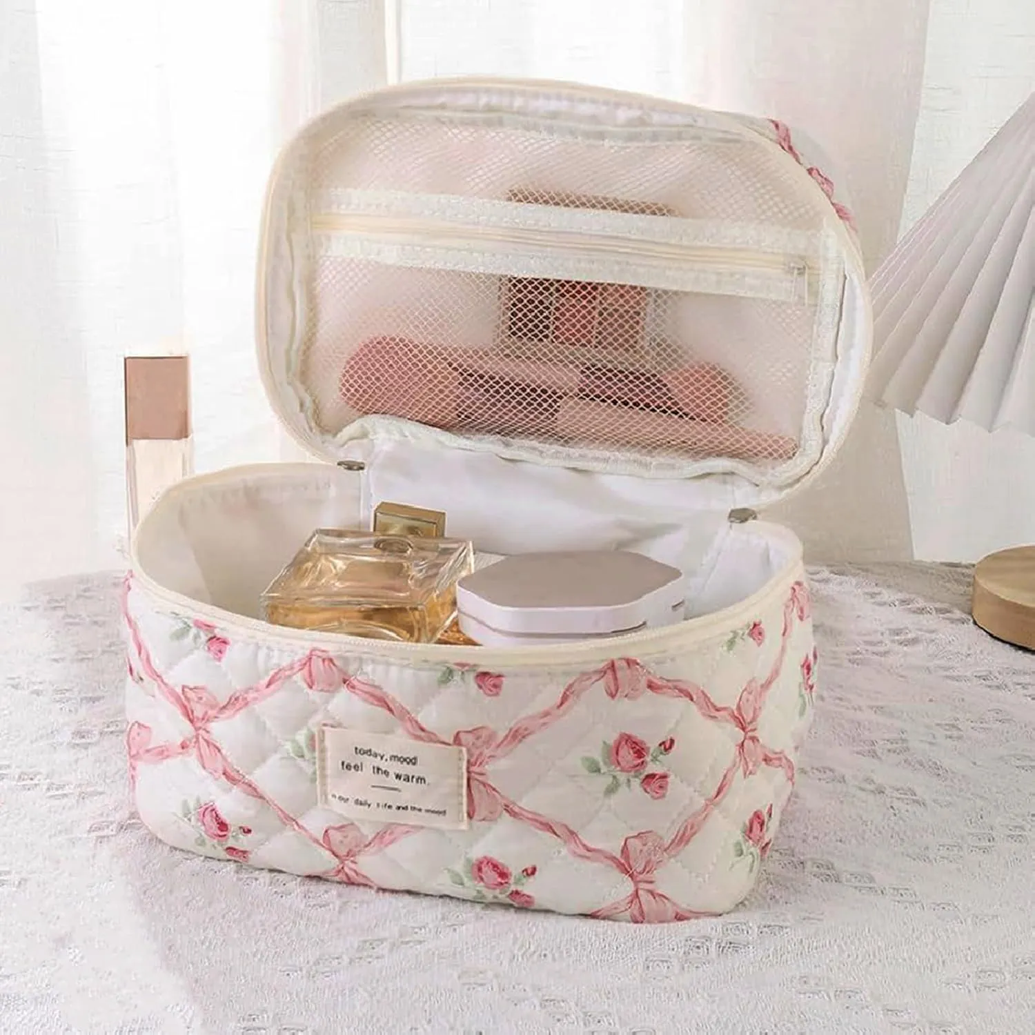 3 Pcs Quilted Bow Coquette Floral Makeup Bag Set, Large Toiletry Cosmetic Organizer for Women Girls (H-3PCS)