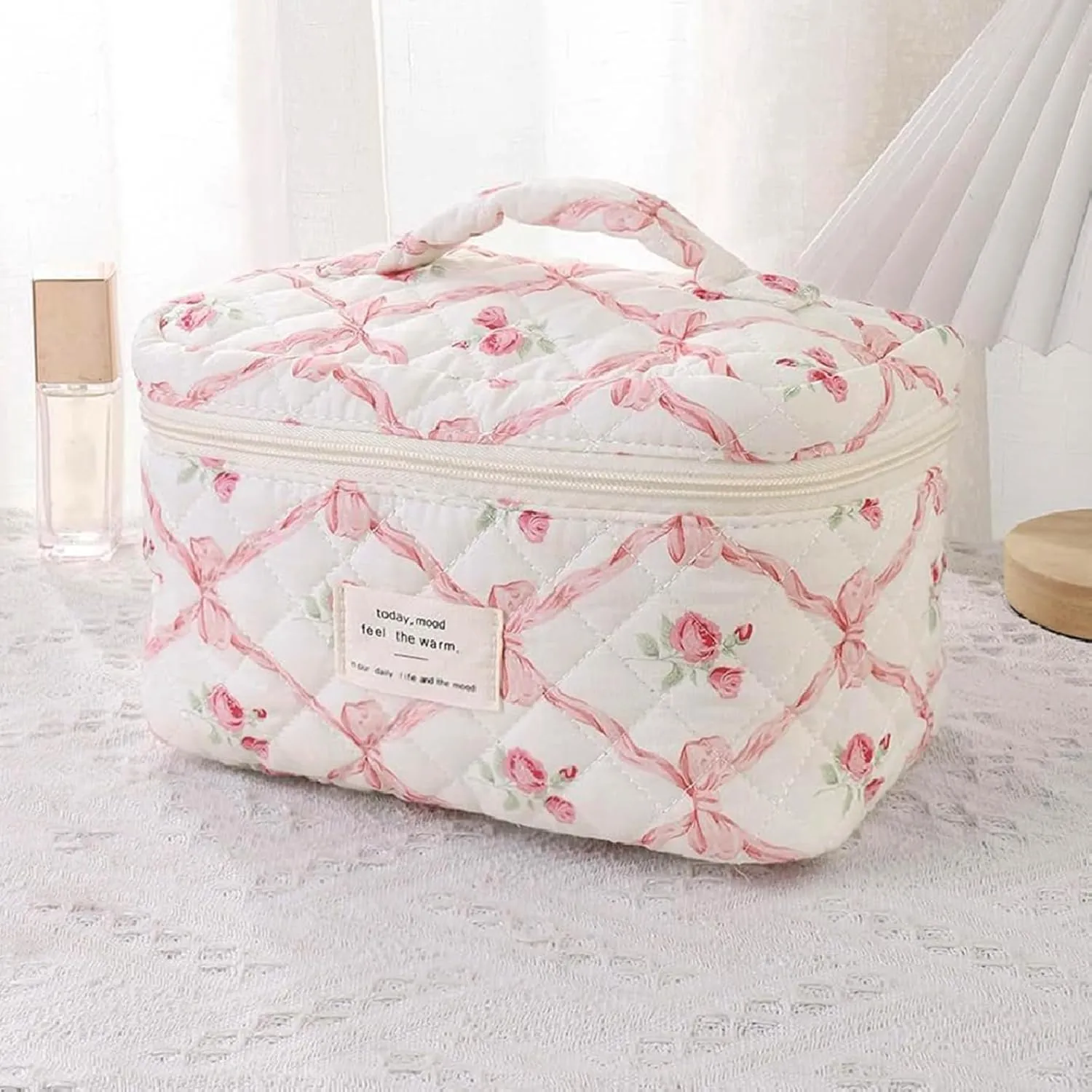 3 Pcs Quilted Bow Coquette Floral Makeup Bag Set, Large Toiletry Cosmetic Organizer for Women Girls (H-3PCS)