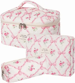 3 Pcs Quilted Bow Coquette Floral Makeup Bag Set, Large Toiletry Cosmetic Organizer for Women Girls (H-3PCS)