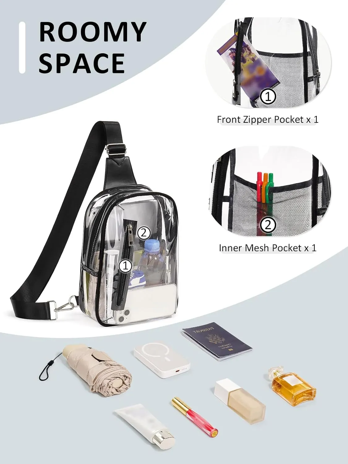 3 Pockets Clear Bag for Stadium Events Approved Clear Purses Fanny Pack for Women Men