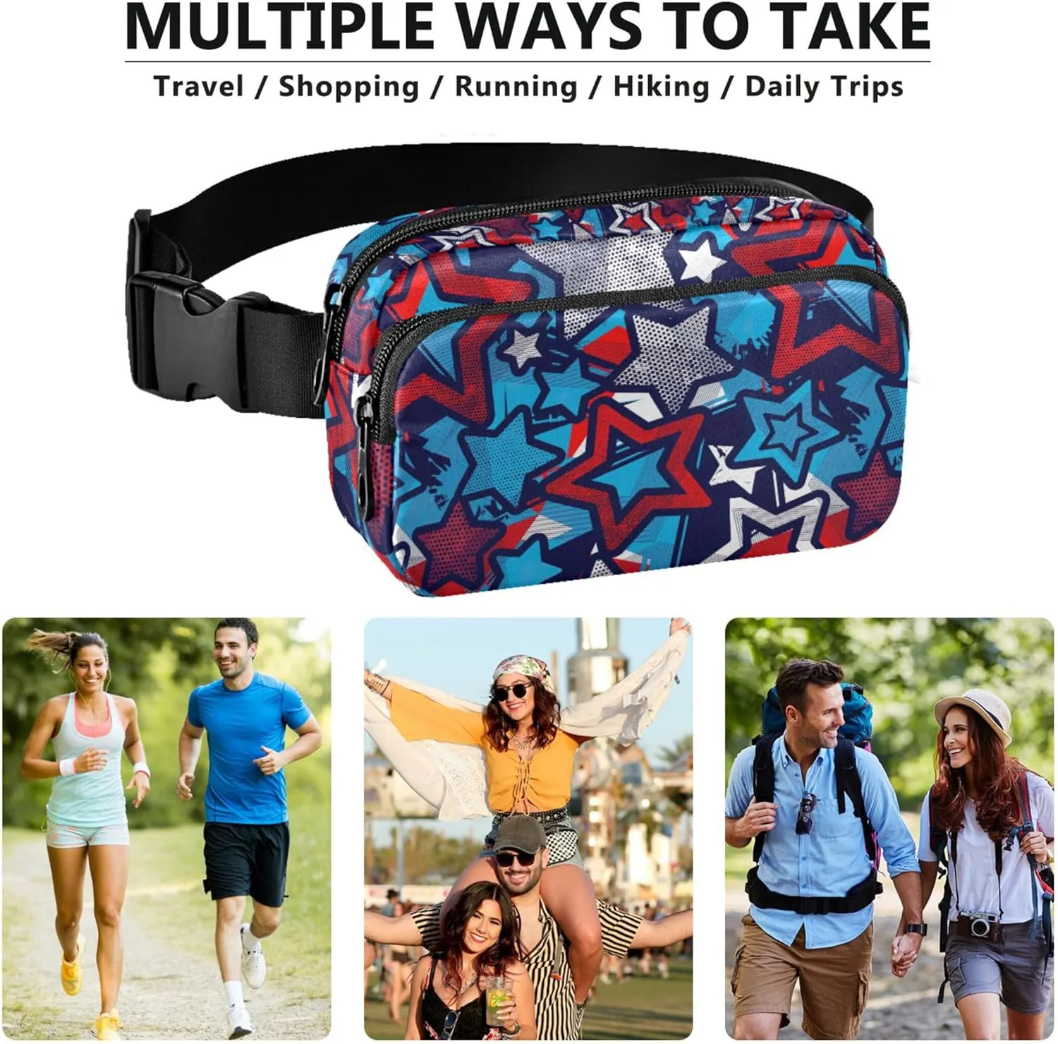 4th July USA Independence Stars Women Fanny Packs Waterproof Hip Bag Belt Pouch Cute Travel Waist Pack for Men