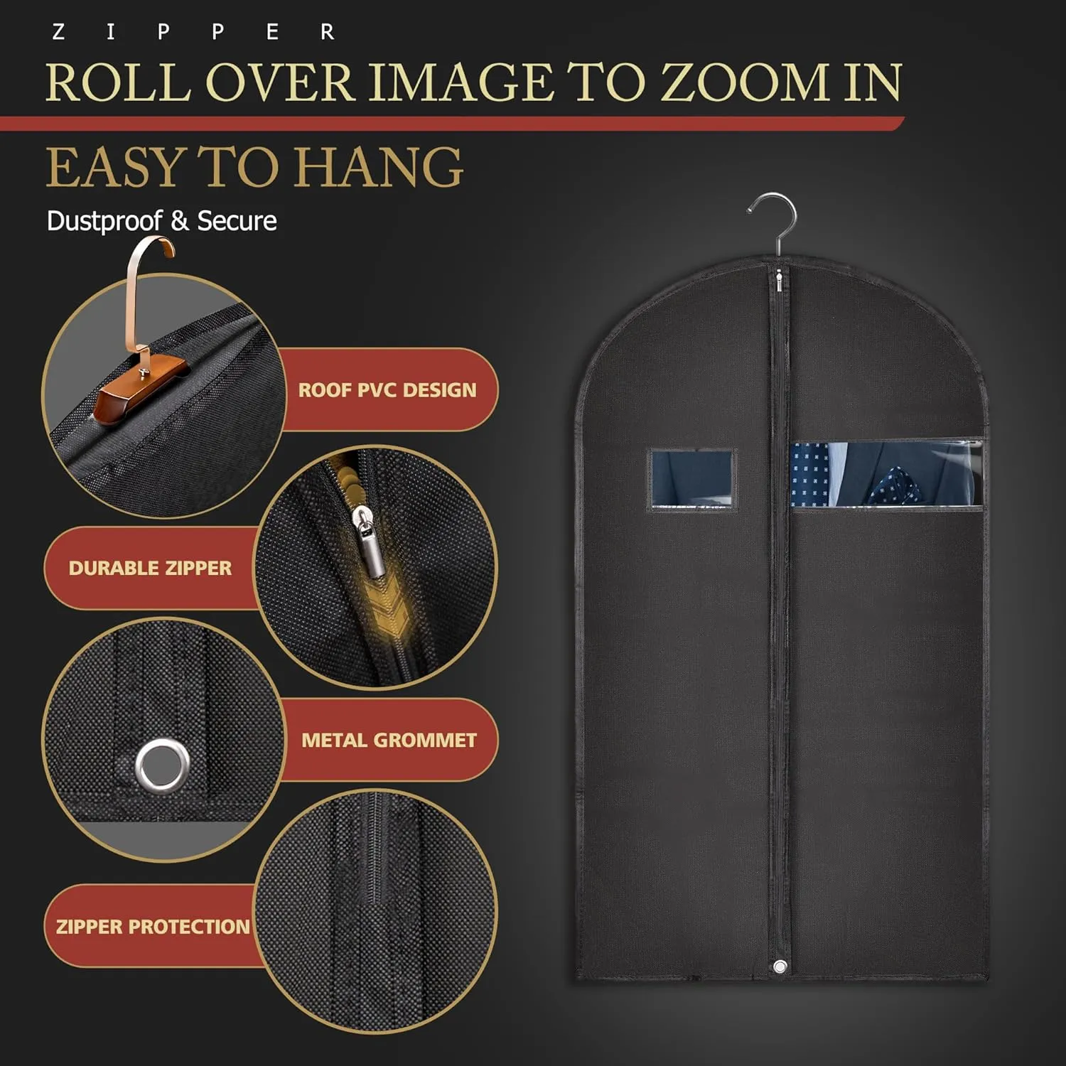 5 Pack 40-inch Suit Bag Garment Bag for Travel and Storage, Garment Bags for Hanging Clothes with Zipper and Visible Transparent Window, Black