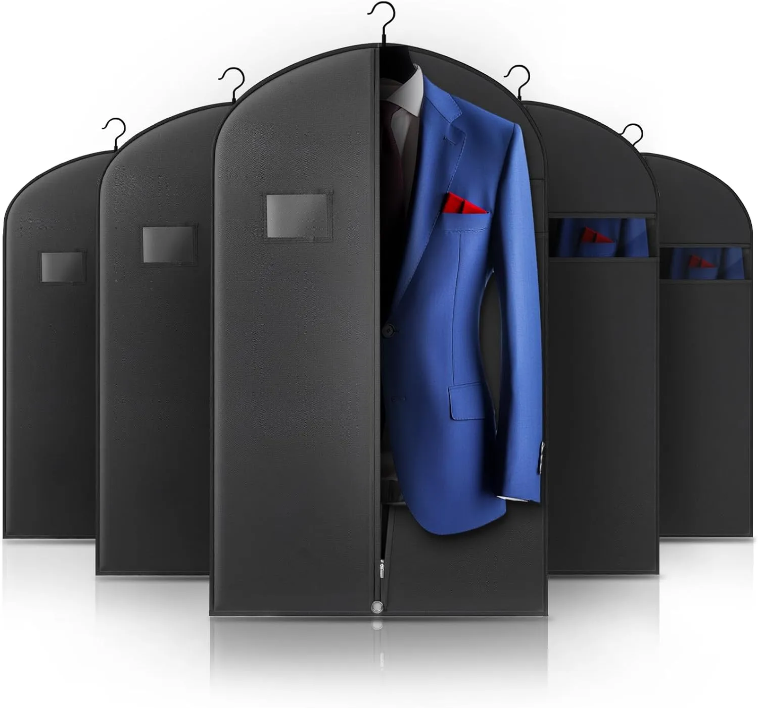 5 Pack 40-inch Suit Bag Garment Bag for Travel and Storage, Garment Bags for Hanging Clothes with Zipper and Visible Transparent Window, Black