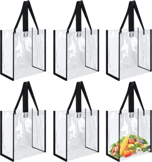 6 Pack 12 x 12 x 6 Inch Clear Tote Bags PVC Plastic Tote Bag With Handles Bulk Stadium Approved Clear Tote Bags for Work Beach Lunch Sports, Concerts
