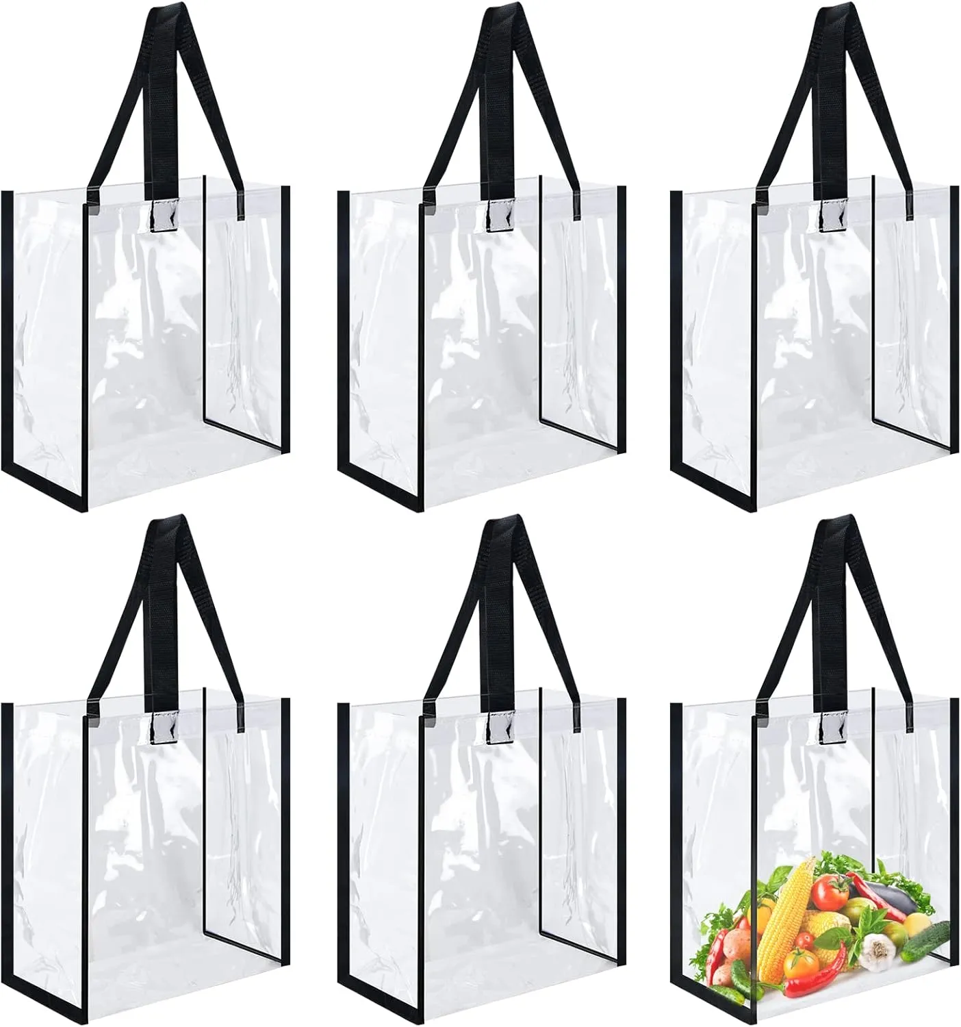 6 Pack 12 x 12 x 6 Inch Clear Tote Bags PVC Plastic Tote Bag With Handles Bulk Stadium Approved Clear Tote Bags for Work Beach Lunch Sports, Concerts