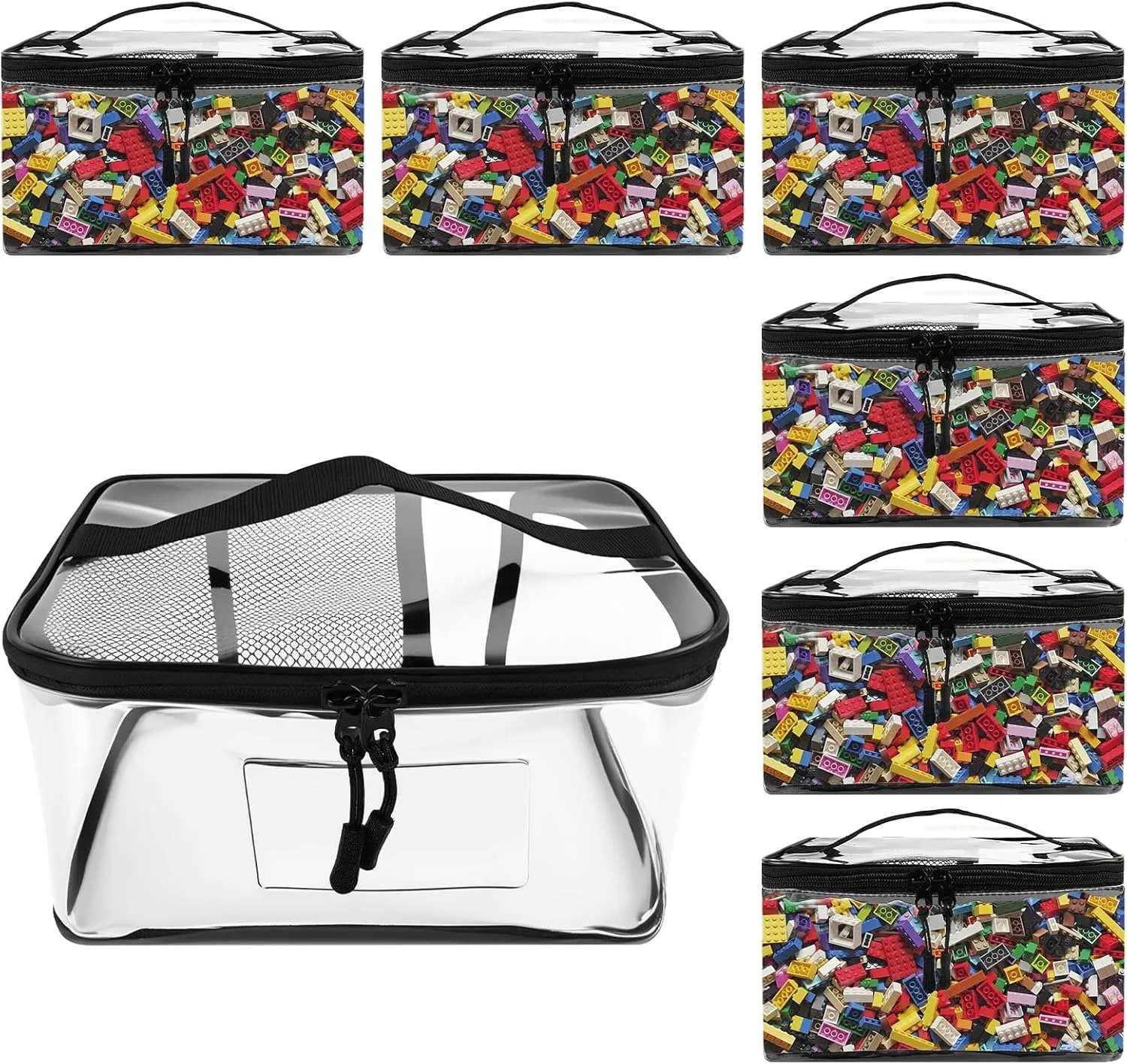 6 Packs Clear Toy Storage Bags- 9.8 x 7 x 6 Inch Transparent PVC Toy Organizing Bags with Zipper- Waterproof Toy Storage Organizer Pouch for Building Blocks, Small Toys (Black)