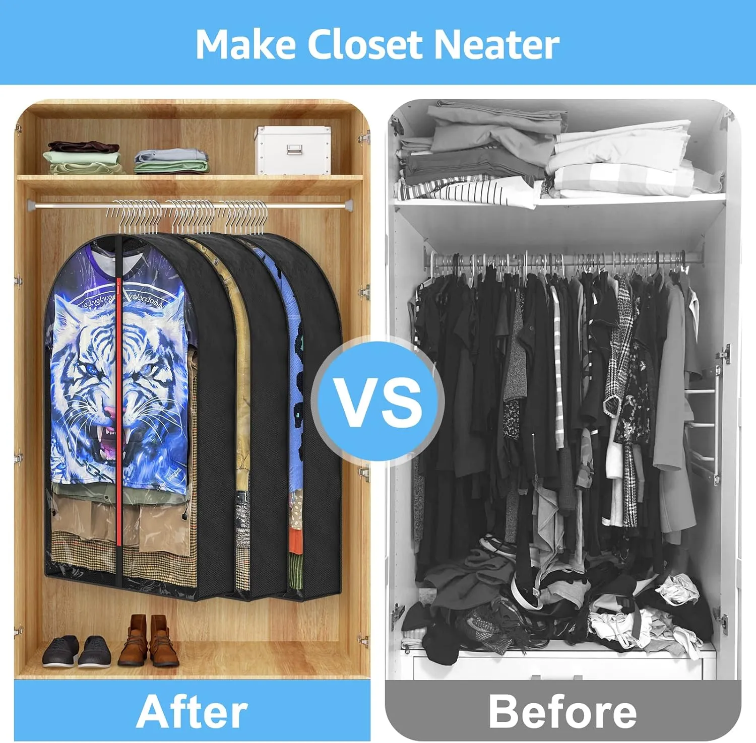 6.5" Gussetes Garment Bags for Hanging Clothes Closet Storage, 40" Suit Cover Suits with Zipper, Clear Hanging Clothes Bag Protecting Winter Coat Sweater Jacket Shirts, 3 PACK
