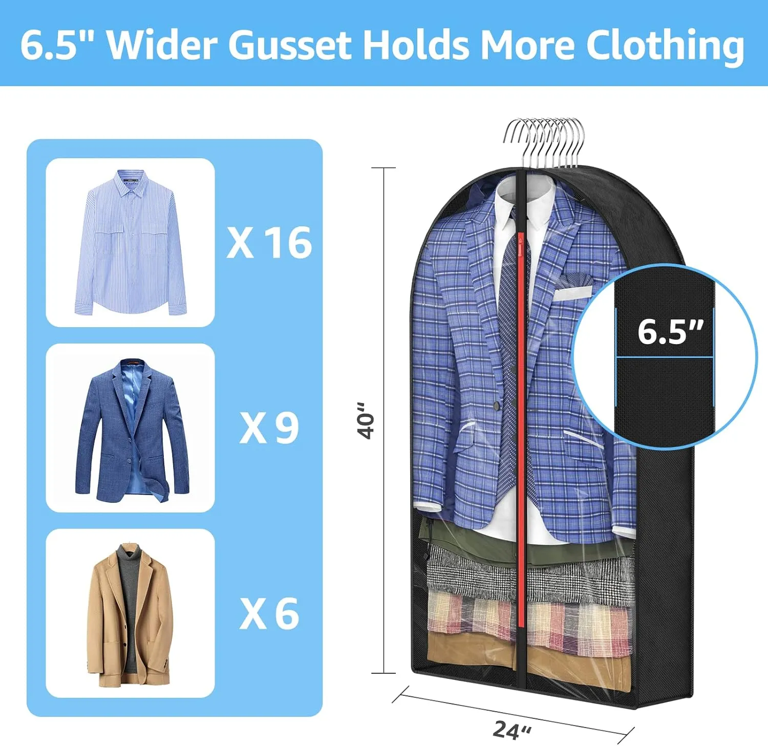 6.5" Gussetes Garment Bags for Hanging Clothes Closet Storage, 40" Suit Cover Suits with Zipper, Clear Hanging Clothes Bag Protecting Winter Coat Sweater Jacket Shirts, 3 PACK