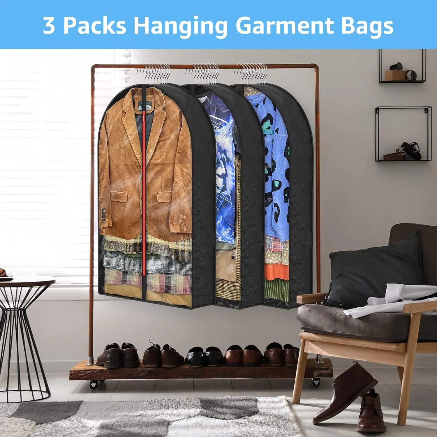 6.5" Gussetes Garment Bags for Hanging Clothes Closet Storage, 40" Suit Cover Suits with Zipper, Clear Hanging Clothes Bag Protecting Winter Coat Sweater Jacket Shirts, 3 PACK