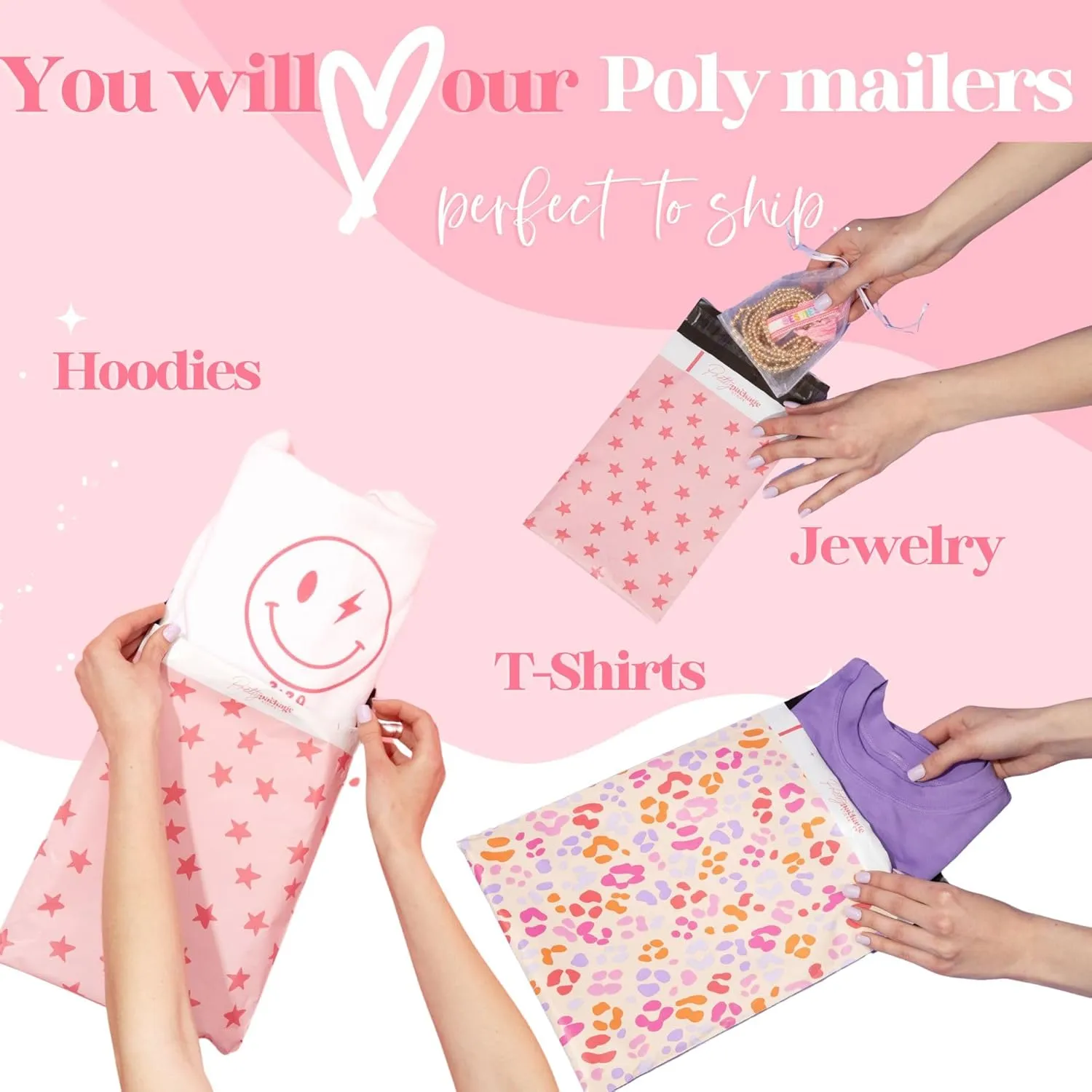 6x9 Designer Poly Mailer 100 Pack Heavy Duty Waterproof Self Seal Shipping Bags for Small Business Large Mailing Envelopes Bulk Tear Resistant Cute Packaging Pink Bows Coquette