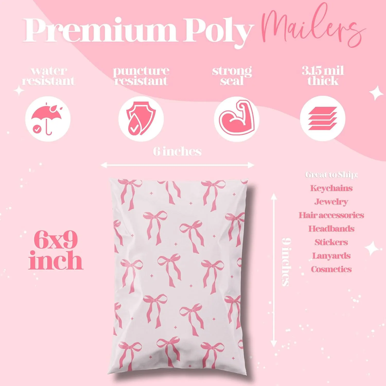 6x9 Designer Poly Mailer 100 Pack Heavy Duty Waterproof Self Seal Shipping Bags for Small Business Large Mailing Envelopes Bulk Tear Resistant Cute Packaging Pink Bows Coquette