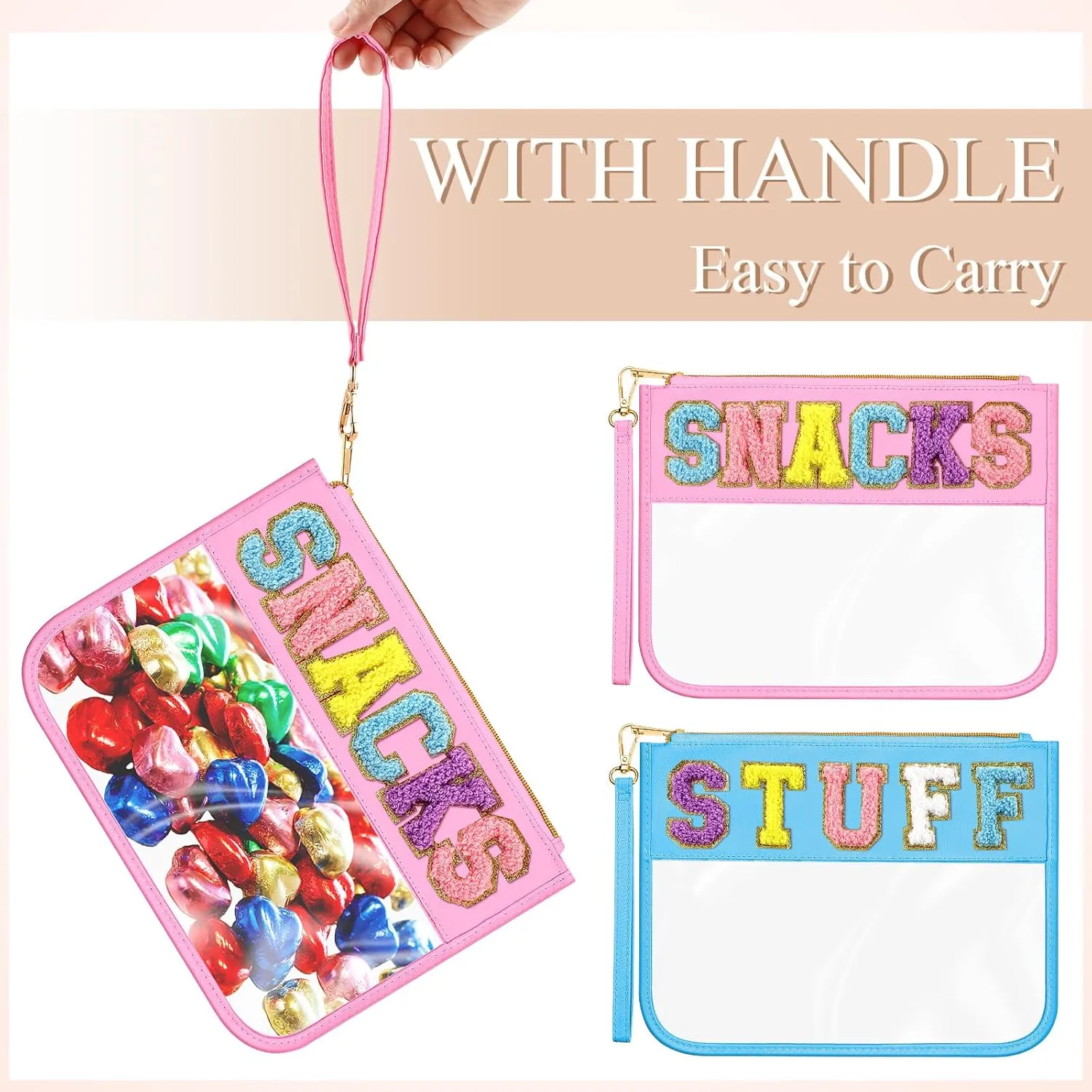 Abbylike 12 Pcs Snack Bags Clear Chenille Letter Stuff and Snacks Zipper Pouch Waterproof PVC Large Travel Makeup Cosmetic Storage Organizer Bag for Mom Team Cheerleaders Teacher (Blue and Pink)