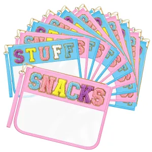 Abbylike 12 Pcs Snack Bags Clear Chenille Letter Stuff and Snacks Zipper Pouch Waterproof PVC Large Travel Makeup Cosmetic Storage Organizer Bag for Mom Team Cheerleaders Teacher (Blue and Pink)