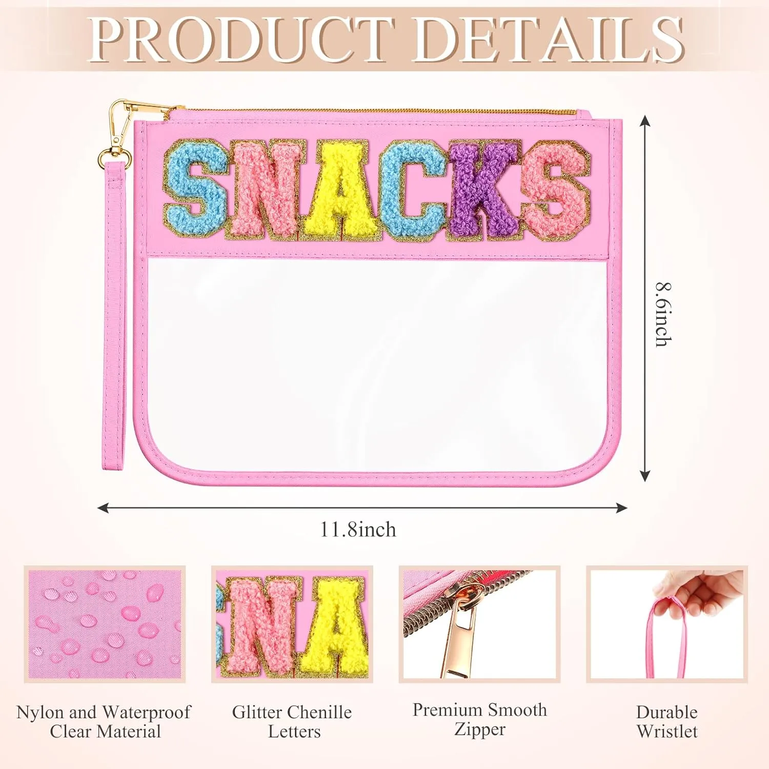 Abbylike 12 Pcs Snack Bags Clear Chenille Letter Stuff and Snacks Zipper Pouch Waterproof PVC Large Travel Makeup Cosmetic Storage Organizer Bag for Mom Team Cheerleaders Teacher (Blue and Pink)