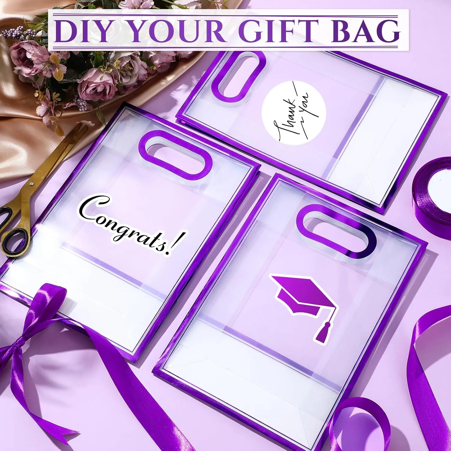 Aliceset 12 Pcs Clear Plastic Gift Bag with Die Cut Handles Graduation Reusable PP Flower Bag with Ribbon for Wedding Bridal Birthday Baby Shower Party Business, 7x10x3.15 Inch(Purple)