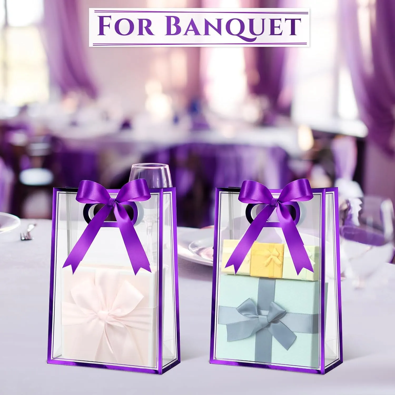 Aliceset 12 Pcs Clear Plastic Gift Bag with Die Cut Handles Graduation Reusable PP Flower Bag with Ribbon for Wedding Bridal Birthday Baby Shower Party Business, 7x10x3.15 Inch(Purple)
