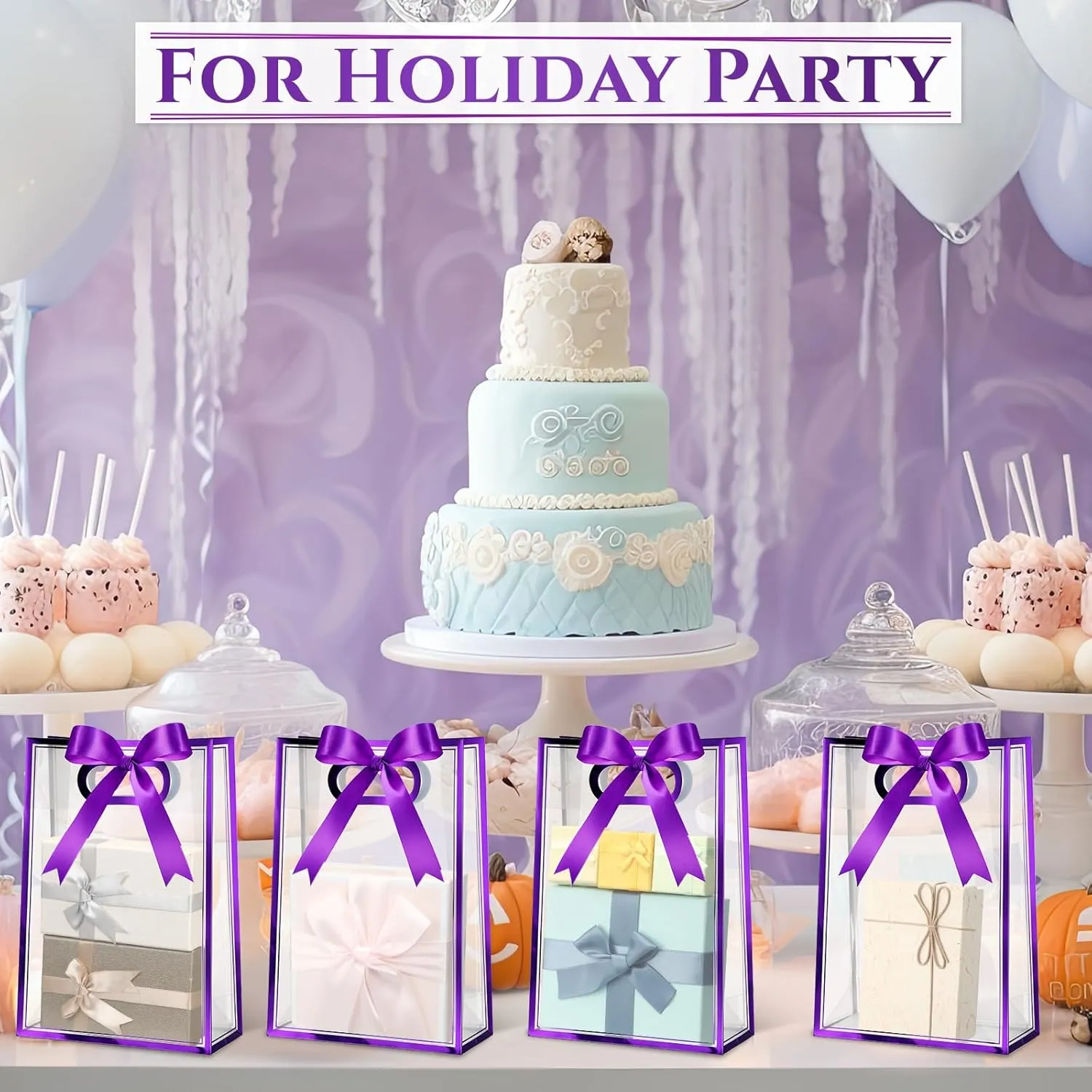 Aliceset 12 Pcs Clear Plastic Gift Bag with Die Cut Handles Graduation Reusable PP Flower Bag with Ribbon for Wedding Bridal Birthday Baby Shower Party Business, 7x10x3.15 Inch(Purple)